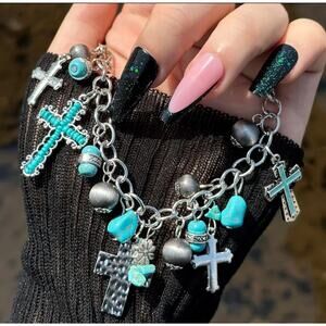 Silver Cross and Turquoise Charm Bracelet Southwest Chunky Western NWT